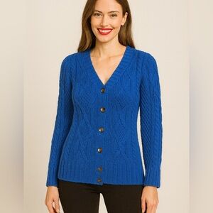 082.New Aran crafts  %100 Merino wool Royal Blue Cable Knit Cardigan